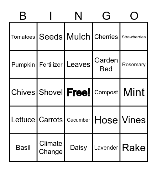 Gardening Bingo Card