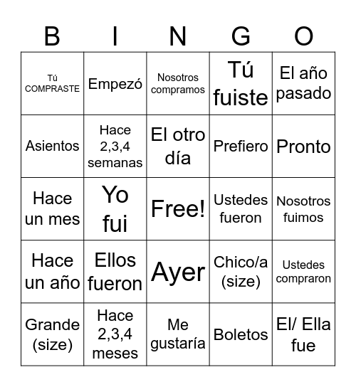 Spanish 2: Telling a Story in Past Tense Bingo Card