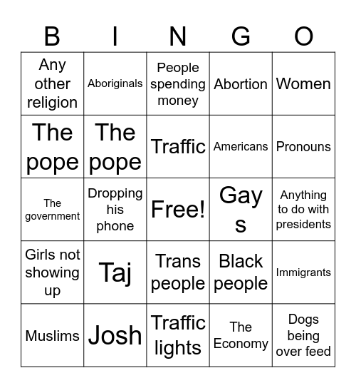 Joseph complain Bingo Card