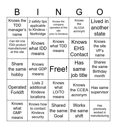Kindeva Bingo Card
