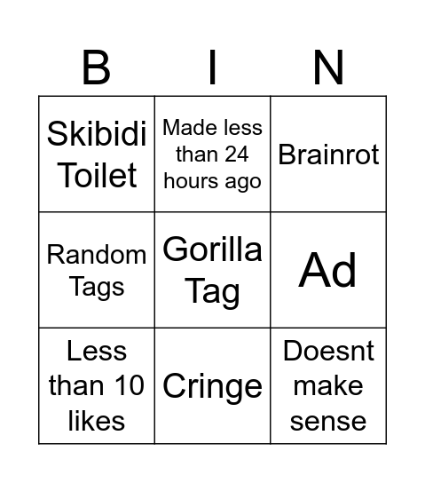 YouTube Shorts Bingo Card