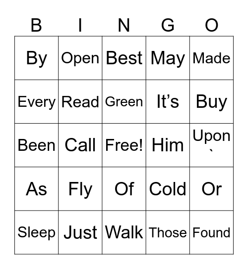 Sight Words Bingo Card