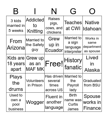 Personnel Bingo Card