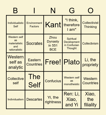 The Self in Western and Eastern Thought Bingo Card