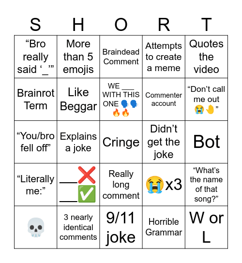 YouTube Shorts Comment Bingo Card