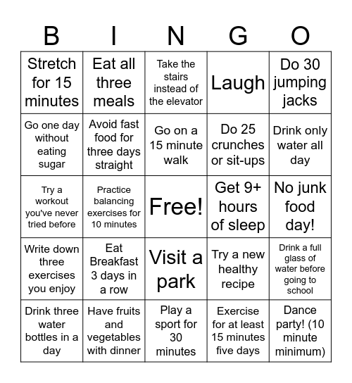 Diet and Exercise Bingo! Bingo Card