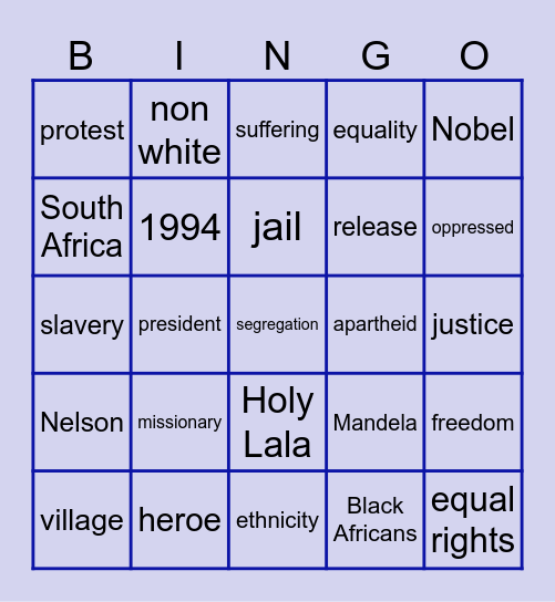 Nelson Mandela Bingo Card