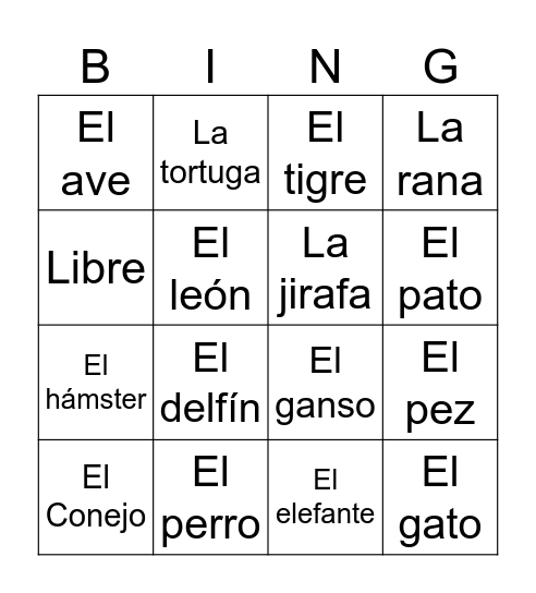 Los animales! Bingo Card