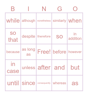 Connectives Bingo Card
