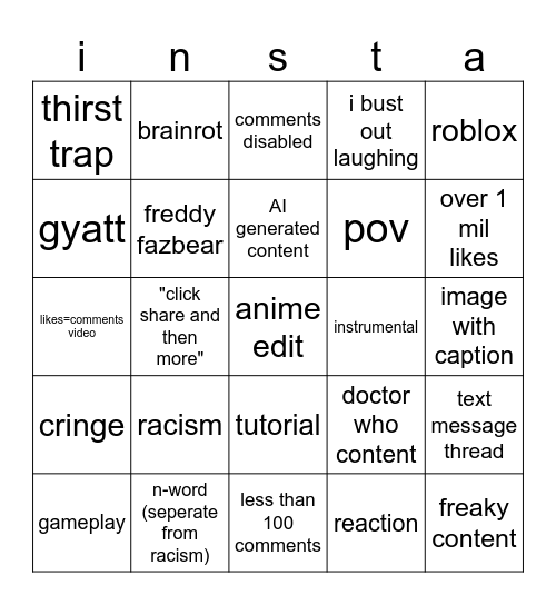 insta reels bingo Card