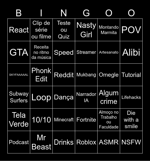 TikTok/Reels/Shorts Bingo Card