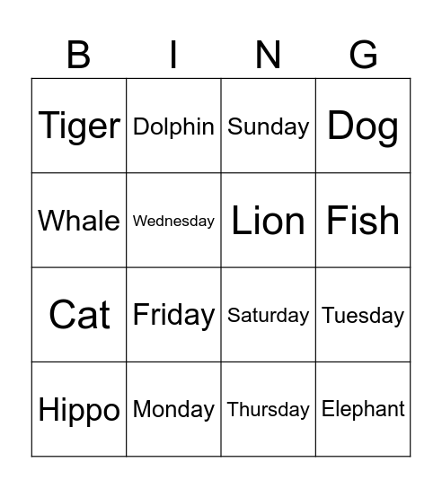 Days of the week and animals Bingo Card