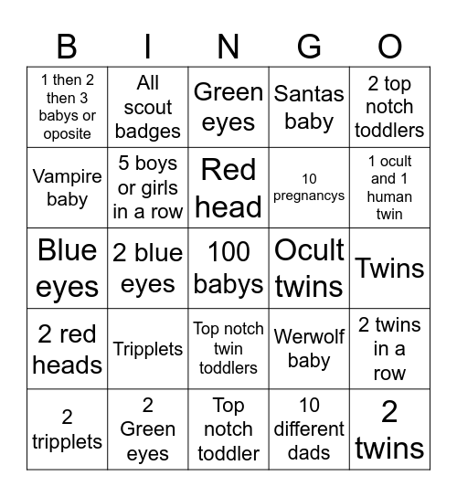 Sims the baby challenge Bingo Card