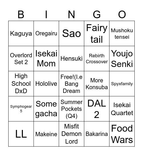 Weiss Schwarz Hype Bingo Card