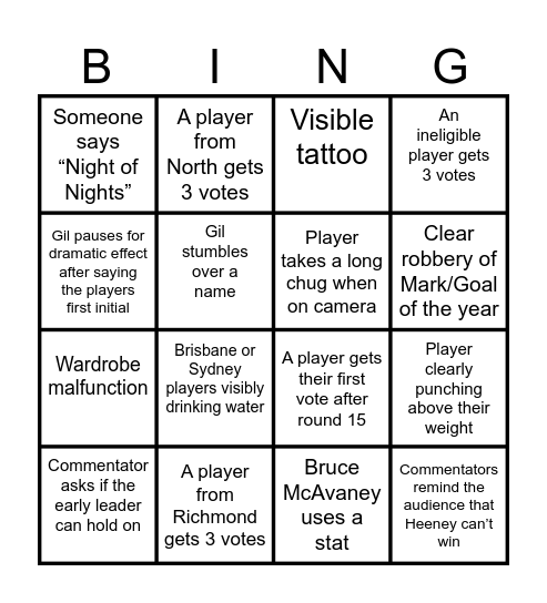 BROWNLOW BINGO Card