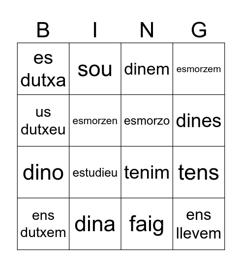 Català -ar conjugació (verbs de la rutina) Bingo Card