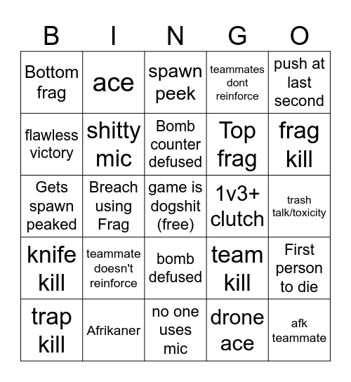 rainbow six siege Bingo Card