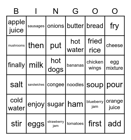 Food and drinks Bingo Card