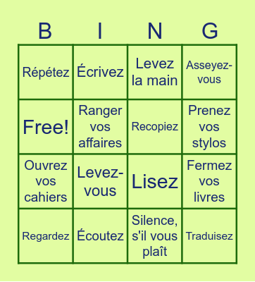 French Classroom Instructions Bingo Card