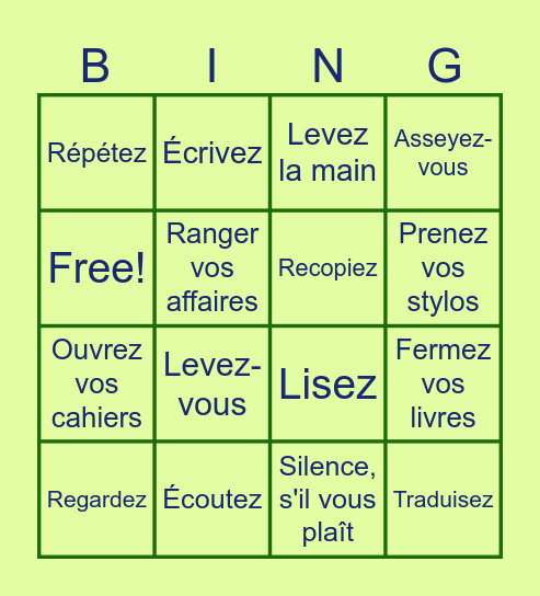 French Classroom Instructions Bingo Card