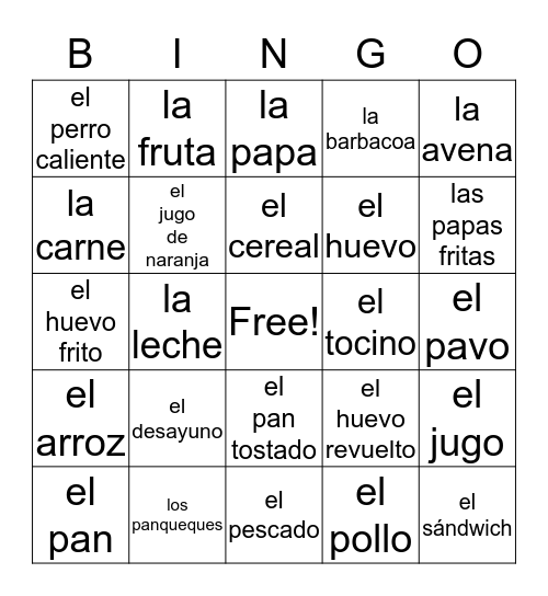 La Comida Bingo Card