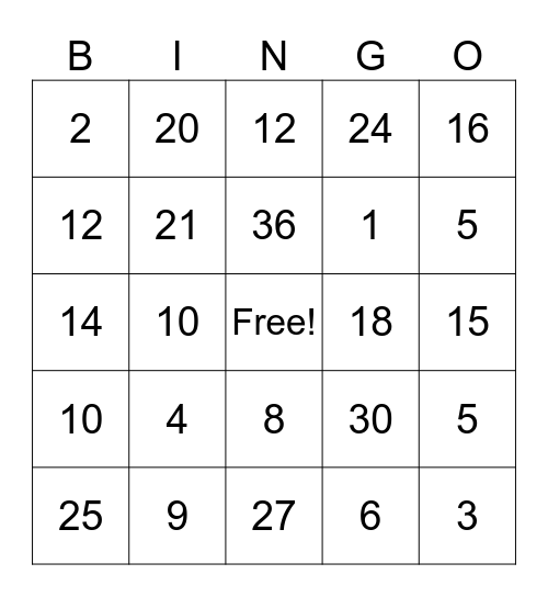 Multiplication Bingo Card