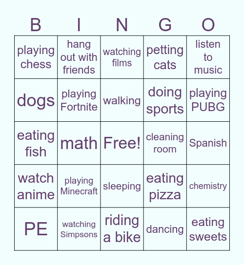 Likes and dislikes Bingo Card