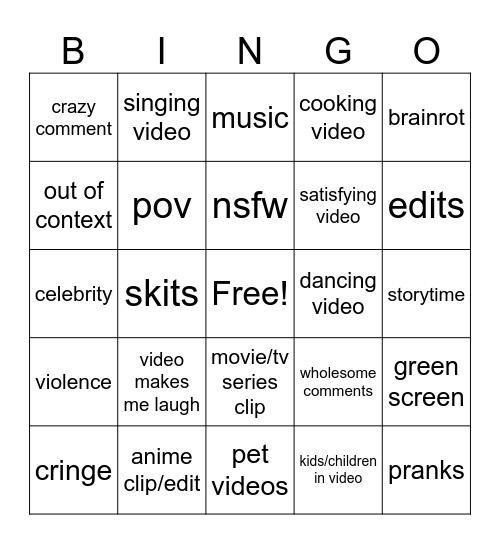 instagram reels Bingo Card