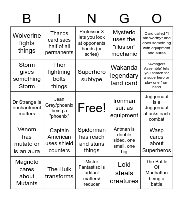 Marvel Magic Bingo Card