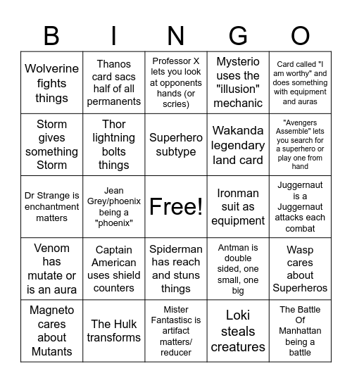 Marvel Magic Bingo Card