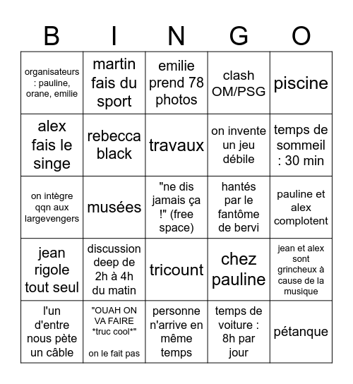 Vacances avec les Largevengers Bingo Card