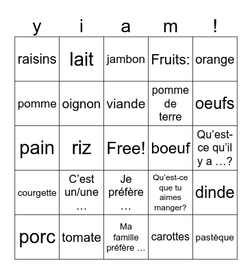 Nourriture y2 Bingo Card