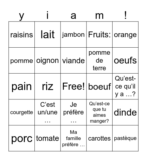 Nourriture y2 Bingo Card