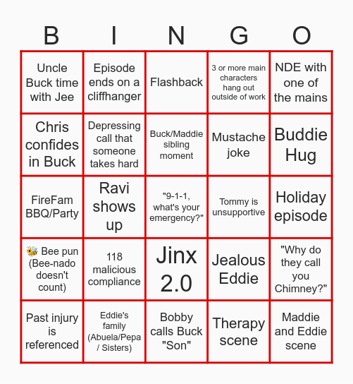 9-1-1 S8 Bingo Card