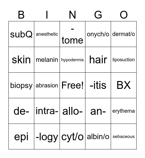 Integumentary Bingo Card