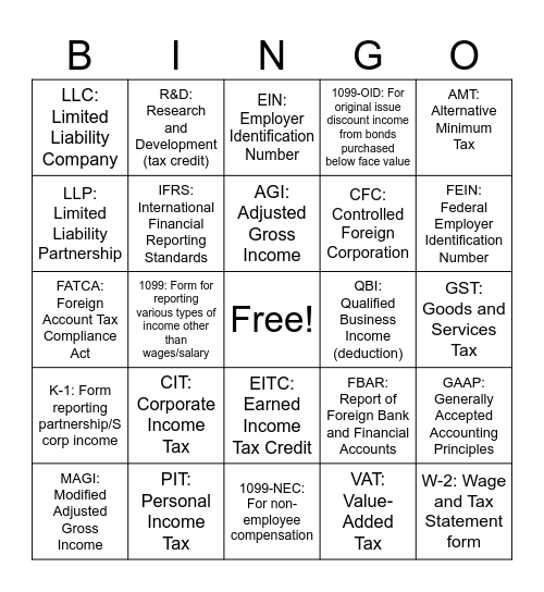 Business Tax In Depth Webinar BINGO Card