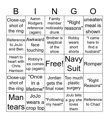 Bachelorette Finale Bingo! Bingo Card