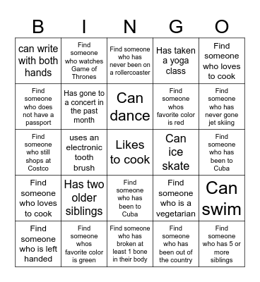 GET TO KNOW YOU Bingo Card