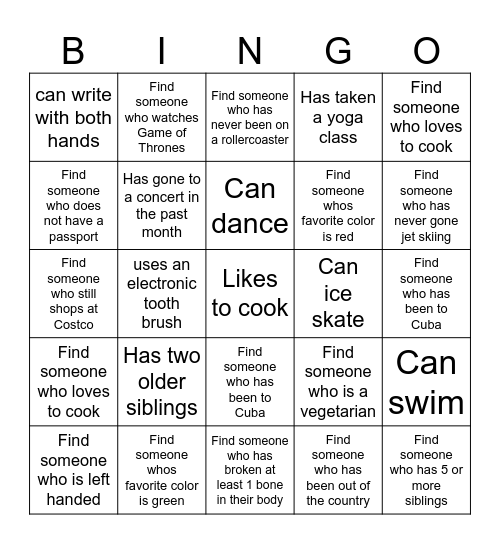 GET TO KNOW YOU Bingo Card