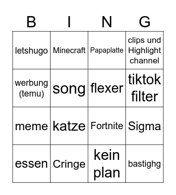 tiktok Bingo Card