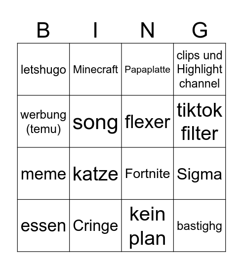 tiktok Bingo Card