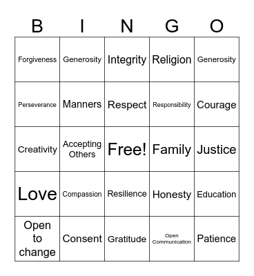 Core Values BINGO Card