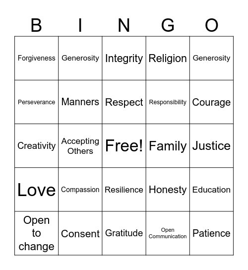 Core Values BINGO Card