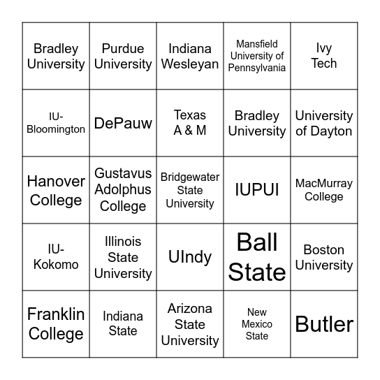 College Go! Week Bingo Card