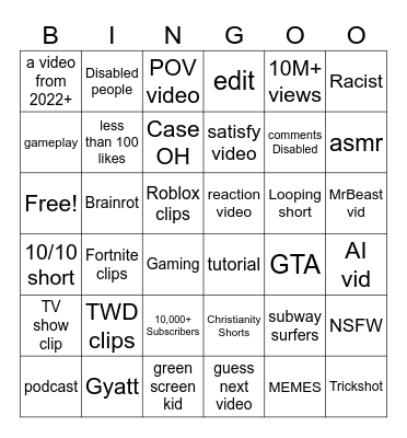 YT SHORTS BINGO Card