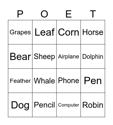 POET Bingonary Bingo Card