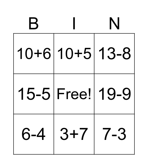 Simple addition and subtraction Bingo Card