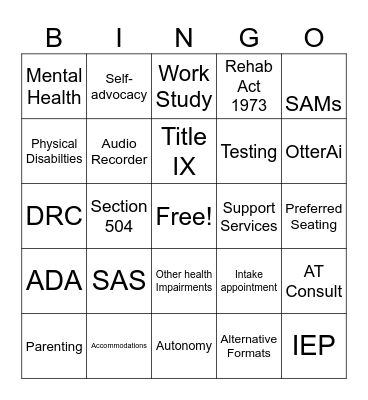 Student Accessibility Service (SAS) Bingo Card