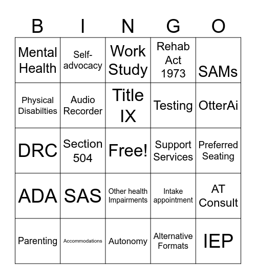 Student Accessibility Service (SAS) Bingo Card