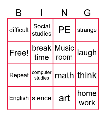 At school Bingo Card